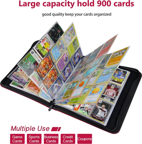 Miniatura 4 de Carpeta de 900 tarjetas de 9 bolsillos compatible con tarjetas intercambiables, estuche de almacenamiento portátil con hojas extraíbles para Rojo