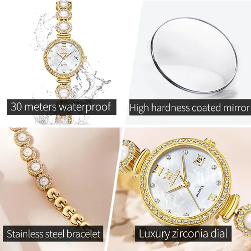 Miniatura 6 de OLEVS Reloj de pulsera analógico de lujo con cara pequeña para mujer, delicado e impermeable con perlas y diamantes, reloj para mujer con fecha