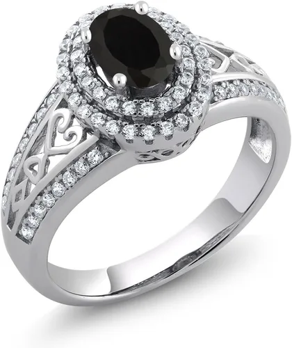 Miniatura 26 de Anillo de compromiso con halo de piedra preciosa y piedra natal en plata chapada en oro amarillo de 18 quilates, ovalado, 0.236 x 0.157 pulgadas