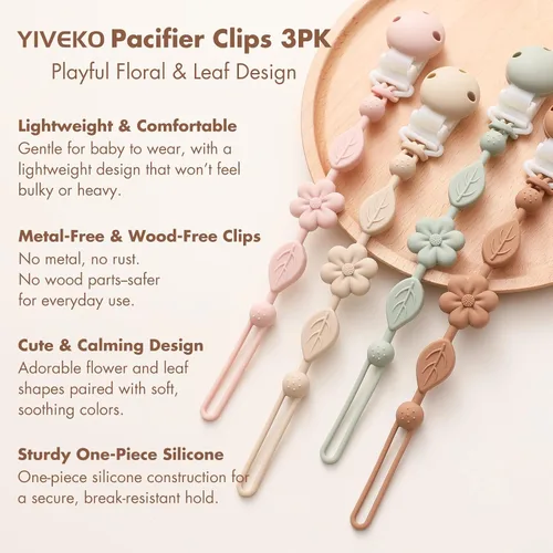 Miniatura 2 de Clips para chupete de silicona para bebés para niños y niñas, clips de una pieza para bebés, clips para chupete YIVEKO con flores, 3