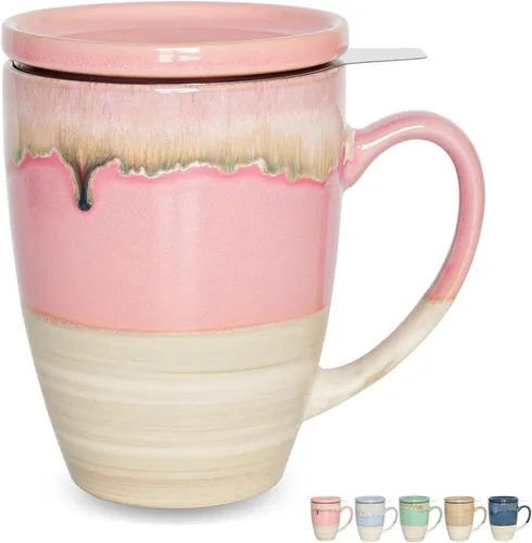 Miniatura 8 de Bosmarlin Taza de té de cerámica con infusor y tapa, 13.5 onzas, 5 colores a elegir, apta para lavavajillas y microondas, esmalte reactivo, taza