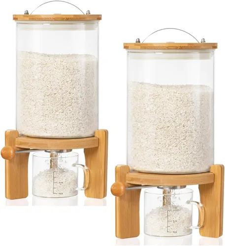 Miniatura 7 de HBlife Dispensador de arroz de vidrio de 5 a 7 libras con soporte de madera, contenedor de harina y cereales con taza medidora de vidrio, despensa