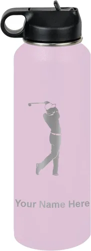 Miniatura 74 de LaserGram Botella de agua personalizada, golfista de golf, acero inoxidable de doble pared aislada al vacío con popote superior, regalo grabado Negro