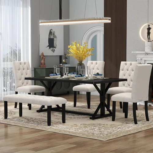 KLMM Juego de mesa de cocina de 6 piezas de madera maciza de mediados de siglo con base de estante con patas cruzadas, 1 banco tapizado y 4 sillas