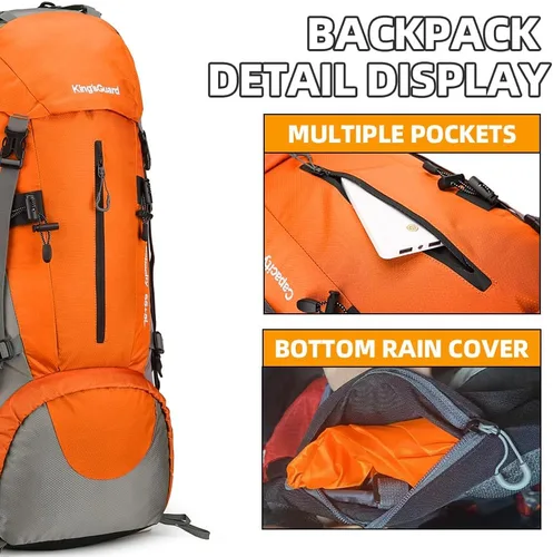 Miniatura 6 de Mochila de 70 L para Camping, Senderismo, Escalada al Aire Libre con Funda Impermeable para Lluvia Naranja