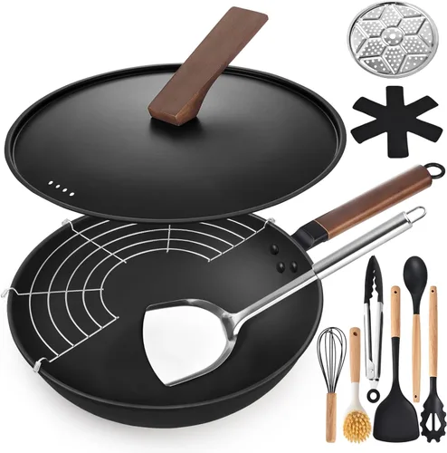 AOSION Wok de acero al carbono de 13 pulgadas, sartén wok de 12 piezas y sartenes para freír con tapa y utensilios de cocina, sartén china sin