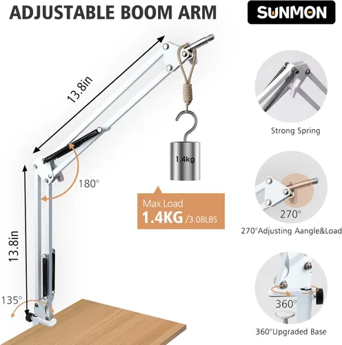 Miniatura 3 de SUNMON Brazo de Boom Blanco para Fifine AM8 - Brazo de Micrófono Compatible con Micrófono Fifine, Clip Adaptador de Tornillo de 3/8" a 5/8