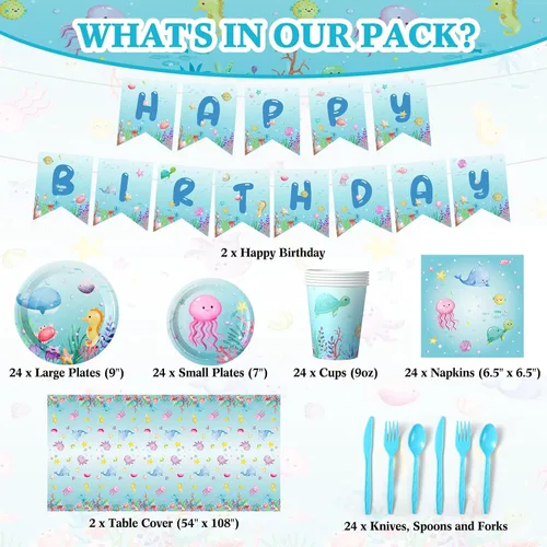 Miniatura 2 de Capoda 172 piezas temáticas oceánicas decoraciones de fiesta de cumpleaños subacuáticas suministros de fiesta para 24 incluye platos, servilletas