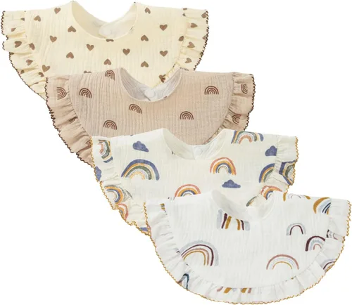 Miniatura 6 de Nishine 4 piezas Baberos unisex para bebé de muselina tipo bandana, baberos giratorios 360 grados de algodón para dentición, alimentación y babeo