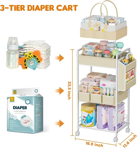 Miniatura 2 de JBBTOOL Organizador de pañales 2 en 1 y carrito de pañales rodante de 3 niveles, organizador de pañales con divisores y bolsillos, carrito móvil