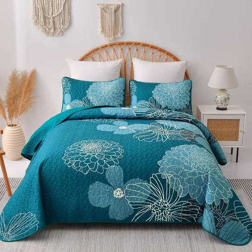 Miniatura 22 de Juego de edredón de 3 piezas con patrón floral azul marino, tamaño Queen, juego de ropa de cama reversible de microfibra con patrón de flores