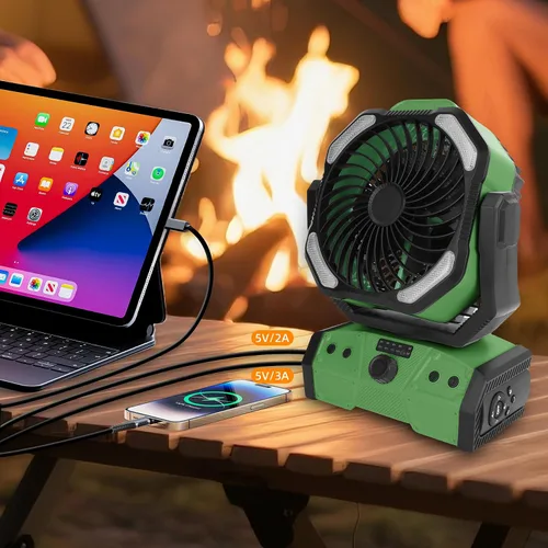Miniatura 4 de ELZO Ventilador de campamento de 30000 mAh con luz LED, máximo 70 horas de trabajo, portátil inalámbrico, recargable, ventilador USB con gancho