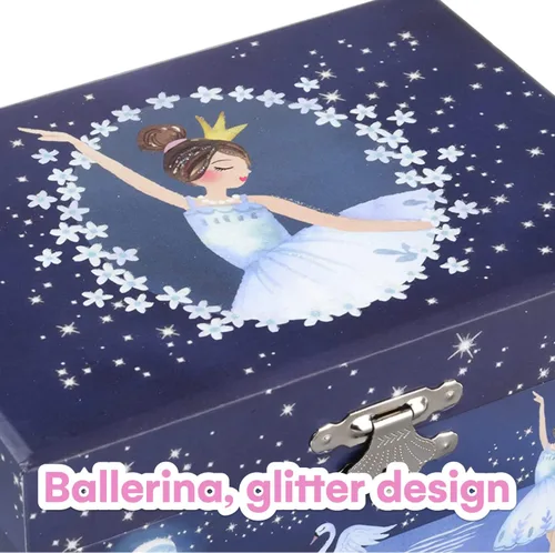 Miniatura 5 de Jewelkeeper Caja de almacenamiento de joyería musical para niña con bailarina giratoria, diseño de purpurina, tono de lago de cisne