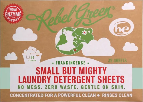 Rebel Green Hojas de detergente para ropa pequeñas pero poderosas, solución de lavandería cero residuos, 32 hojas de lavadora premedidas para 64