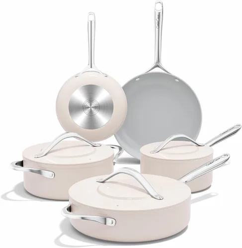 Miniatura 13 de CookinCraze Juego de 8 ollas y sartenes antiadherentes de cerámica con tapa, sin PFAS, no tóxicos, compatible con inducción, apto para horno, Azul
