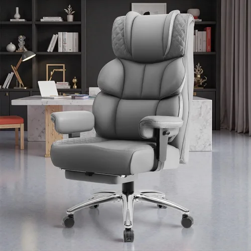 Miniatura 7 de BestGlory Silla de escritorio de oficina, silla de juegos de cuero grande y alta con reposapiés, sillas de computadora reclinables ejecutivas Gris