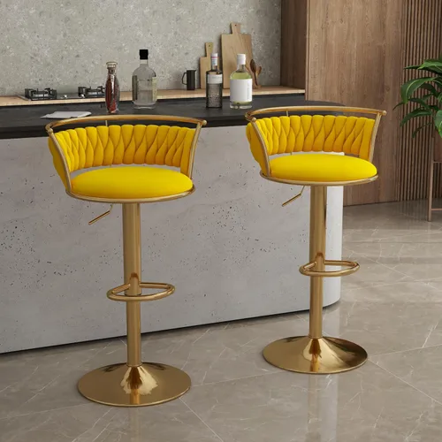 Miniatura 16 de Juego de 2 taburetes de bar giratorios de 360°, silla de bar de terciopelo ajustable a altura de mostrador moderna, taburete de metal plateado