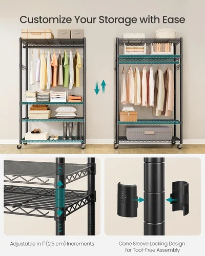 Miniatura 4 de SONGMICS ULGR418BH01 - Perchero de ropa con ruedas rodantes, con estantes de malla ajustables y rieles para colgar, ganchos, 15.8 x 35.4 x 78.3