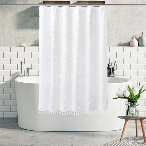 Miniatura 21 de Siiluminisoy Cortina de ducha bohemia rosa con textura y borlas de 72 x 72 pulgadas con tul, cortina de ducha de chenilla tejida con rayas chevrón