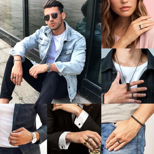 Miniatura 5 de Black Stainless Steel Rings for Men 6pcs Mens Rings Band Fidget Ring Cool Spinner Rings for Men