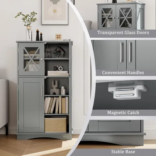 Miniatura 5 de Giantex Armario de almacenamiento de piso de baño, gabinete de piso de lino con puertas y estantes ajustables, organizador de almacenamiento lateral