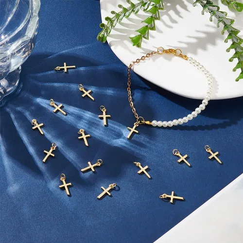 Miniatura 5 de BENECREAT 16 dijes de cruz de latón chapado en oro real de 18 quilates, dije de cruz pequeña para hacer joyas, collares, manualidades