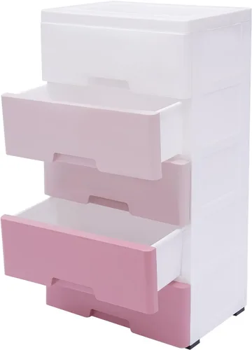 Miniatura 5 de Armario de almacenamiento de plástico de 5 niveles con 5 cajones, armario vertical de almacenamiento de ropa, ahorro de espacio, para el hogar, rosa