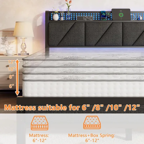 Miniatura 8 de Furnulem Base de cama Queen con cabecero y estante de almacenamiento, luz LED y estación de carga, cama de plataforma de metal con listones