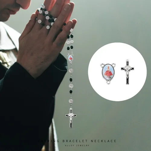 Miniatura 3 de Juego de 60 unidades de 30 piezas de rosario, cruz y centro de medalla, dijes de aleación, esmalte de religión, imagen de Jesús, Virgen