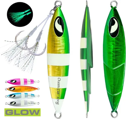 Miniatura 3 de OCEAN CAT Plomo de metal plano de caída lenta pesca señuelos hundimiento vertical cebo de jigging con gancho de mariposa para pesca en agua salada