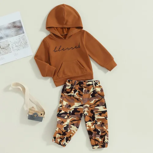 Miniatura 15 de Mandizy Conjunto de ropa de otoño para bebé niña pequeña, sudadera de manga larga con estampado de letras bendecidas, pantalones de camuflaje