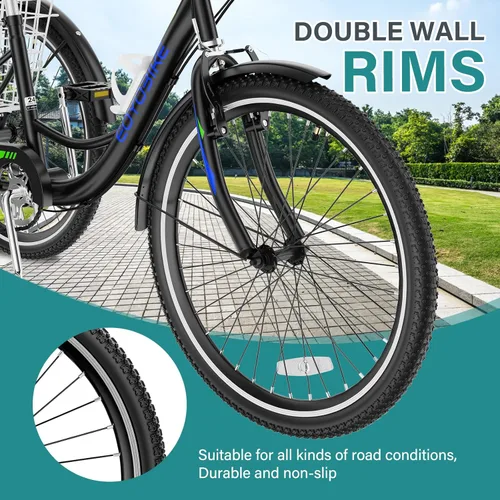 Miniatura 3 de MOPHOTO Triciclo para adultos de 7 velocidades, 20/24/26 pulgadas, triciclo para adultos con canasta trasera grande, 350 libras de capacidad