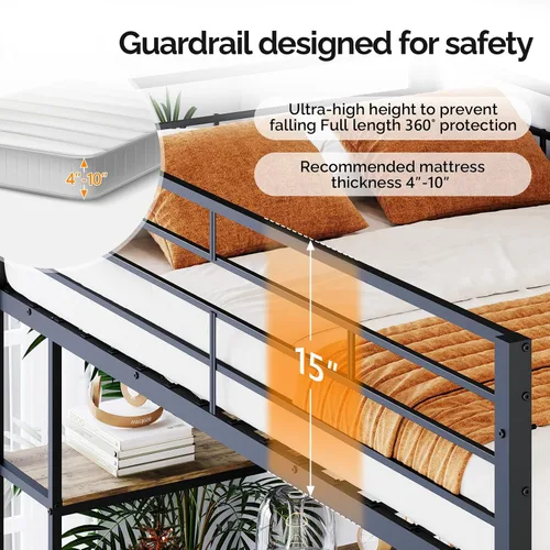 Miniatura 4 de VINGLI Base de cama individual de metal con barandilla de seguridad de 15 pulgadas, escalera antideslizante, 2 estaciones de carga, escritorio
