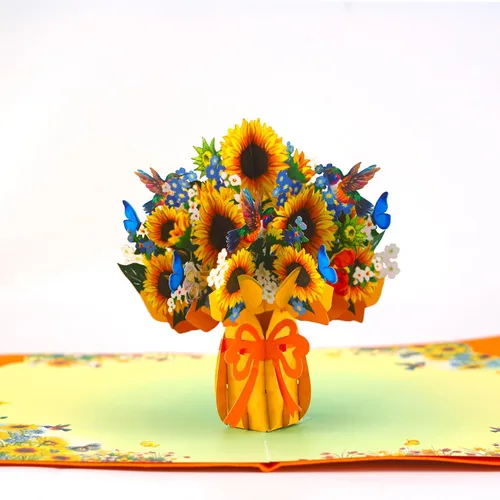 CUTE POPUP Tarjeta de girasol desplegable 3D para ella, diseño de ramo de girasoles, cumpleaños, día de la madre, aniversario, día de San Valentín,