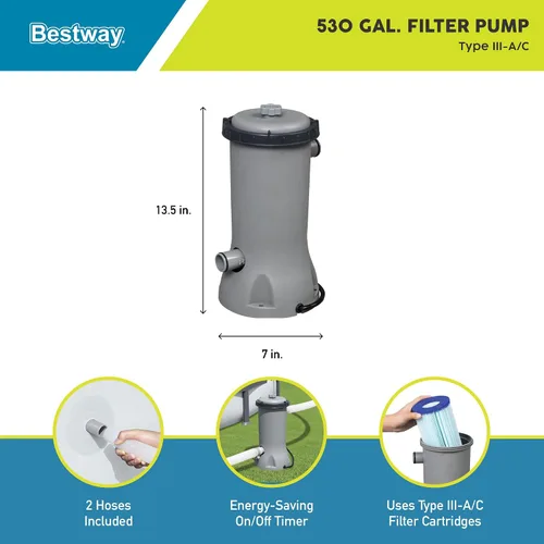 Miniatura 2 de Bestway Flowclear - Cartucho de bomba de filtro de agua para piscina sobre el suelo, 530 galones por hora, 120 voltios con temporizador de apagado
