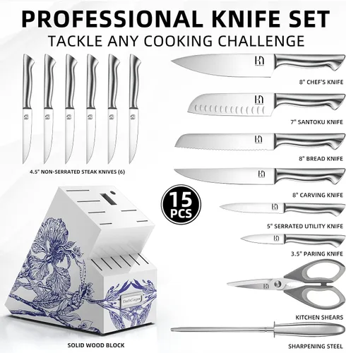 Miniatura 6 de Juego de cuchillos de cocina KnifeSaga - Juego de bloque de cuchillos Phantom Iris X5 - Rendimiento de primer nivel, juego de 15 piezas de cuchillos
