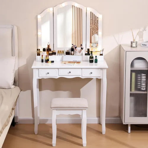 Escritorio de tocador con espejo y luces, juego de tocador blanco para niñas con espejo y taburete acolchado, mesa de tocador de maquillaje con