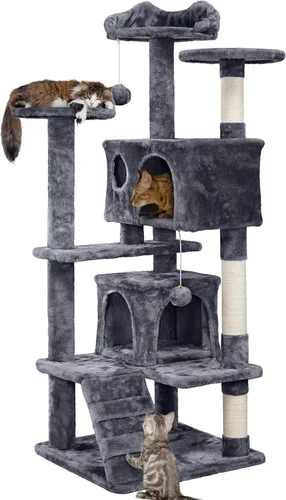 Yaheetech Árbol para gatos de 54 pulgadas, torre para gatos de varios niveles con espaciosa percha de orejas de gatito, 2 cuevas acogedoras, postes