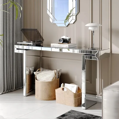 Miniatura 15 de Mesa consola con espejo de 55 pulgadas, mesa larga para sofá de sala de estar, oficina, detalles de cristal de diseño hexagonal, moderno escritorio