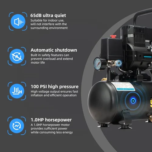 Miniatura 3 de Compresor de aire, 2.0 galones, 1.0 HP sin aceite, máximo 115 PSI, 65dB ultra silencioso, para reparación de automóviles, inflado de neumáticos
