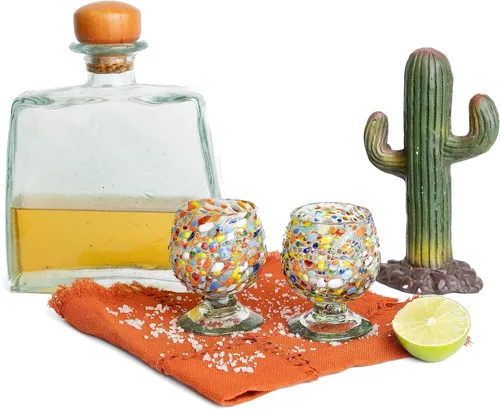 Miniatura 4 de Auténticos vasos de chupito soplados a mano de tequila mexicano - Juego de 4-2 onzas - Mini snifters de vidrio - Base pesada - Coñac (Confeti)