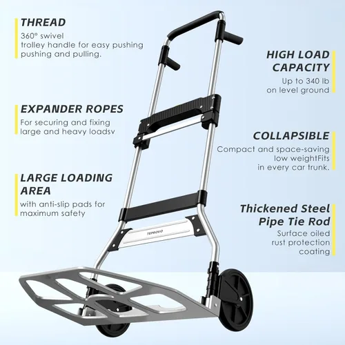 Miniatura 2 de Teprovo - Carretilla de mano plegable de 340 libras de capacidad, carrito portátil de aluminio con mango telescópico y ruedas de goma de 7 pulgadas