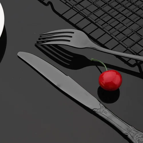 Miniatura 5 de JASHII Juego de cubiertos de acero inoxidable 304, utensilios de cocina estilo antiguo, 20 piezas, servicio para 4 vajillas negras con cuchillos