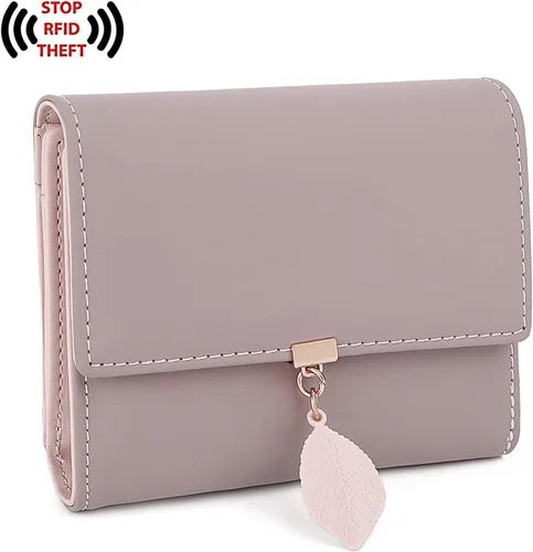 Miniatura 130 de UTO - Cartera pequeña RFID de piel sintética con dije de hoja, cierre de cremallera y tarjetero.