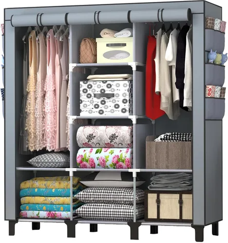 Miniatura 9 de Armario portátil con 10 estantes de almacenamiento y 2 postes para colgar, 18 bolsillos laterales no tejidos, tamaño 51.2 x 17.7 x 67.7 in, Beige