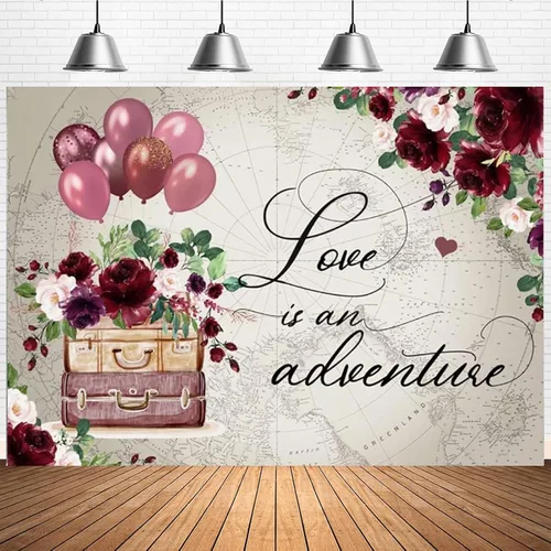 Miniatura 6 de Telón de fondo de despedida de soltera de viaje para fotografía, Love is Adventure Around The World, fondo de boda, maletas florales rojas vintage