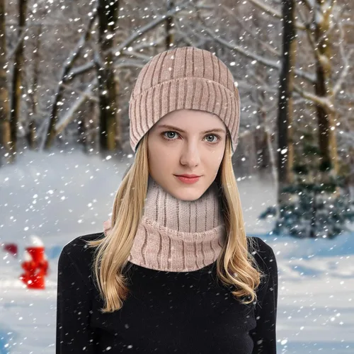 Miniatura 7 de Conjunto de gorro de invierno para hombre y mujer, gorro de punto holgado, gorro de calavera con puños acanalados, gorro térmico elástico