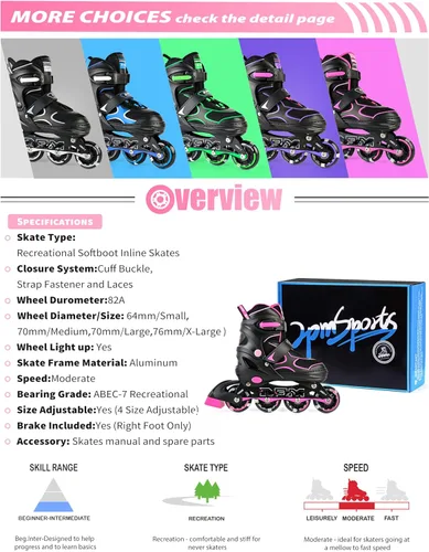 Miniatura 7 de 2PM SPORTS Patines en línea para niños y niñas, niños de 5 a 8 a 12 años, 4 a 6, 6 a 12 años, con ruedas iluminadas, cuchillas ajustables para Rosa