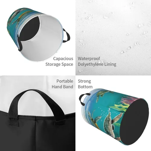 Miniatura 4 de Cesta circular con estampado de tortugas marinas y peces impermeable, cesta organizadora de lavandería, con asas, para ropa, juguetes, pequeña