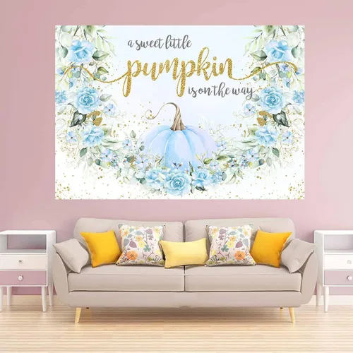 Miniatura 3 de Avezano Telón de fondo de calabaza azul para baby shower para niño, decoración de fiesta de otoño con texto en inglés "A Little Pumpkin Is On The
